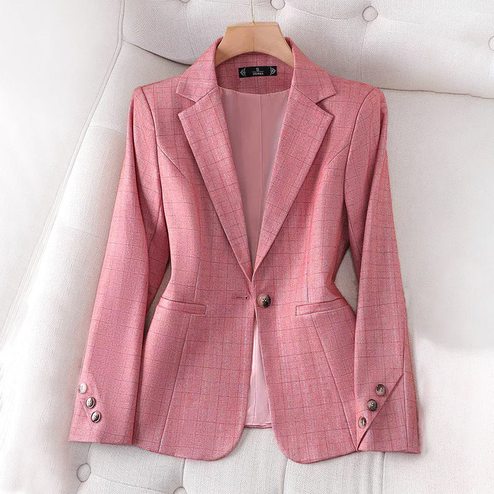 Elegant women's tailored grid pattern blazer, perfect for business casual and spring fashion outerwear.
