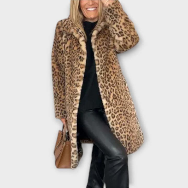Elegant women's tailored leopard print winter coat, fashionable outerwear for cold weather