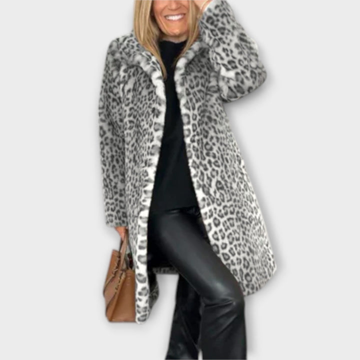 Stylish women's leopard print coat with classic design, perfect for elegant winter fashion