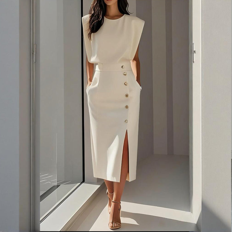 Elegant women's tailored midi dress with side button detail & chic split hem, perfect for formal occasions.