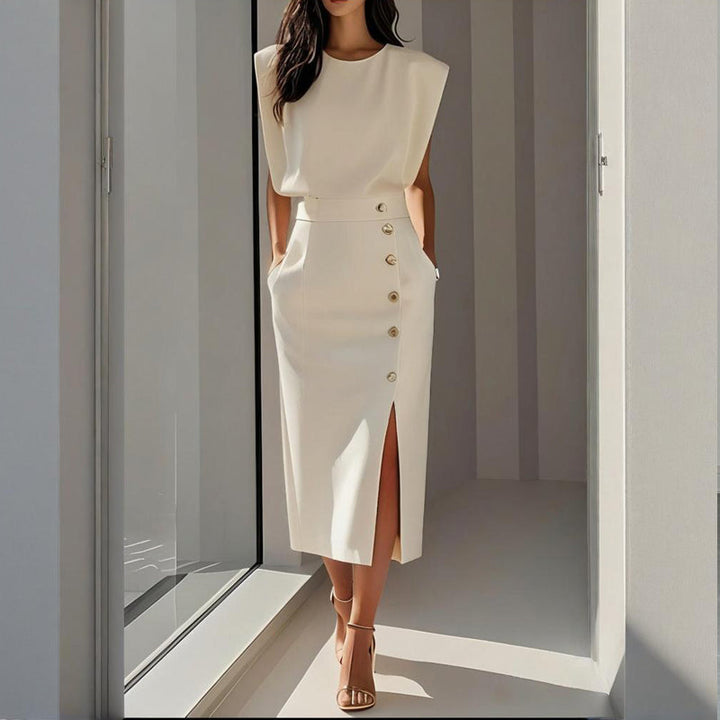 Elegant women's tailored midi dress with side button detail & chic split hem, perfect for formal occasions.