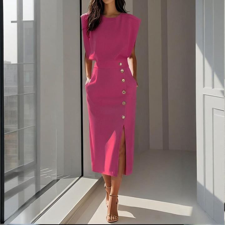 Fashionable women's midi dress with a tailored silhouette, subtle side button details, & a sophisticated split hem.