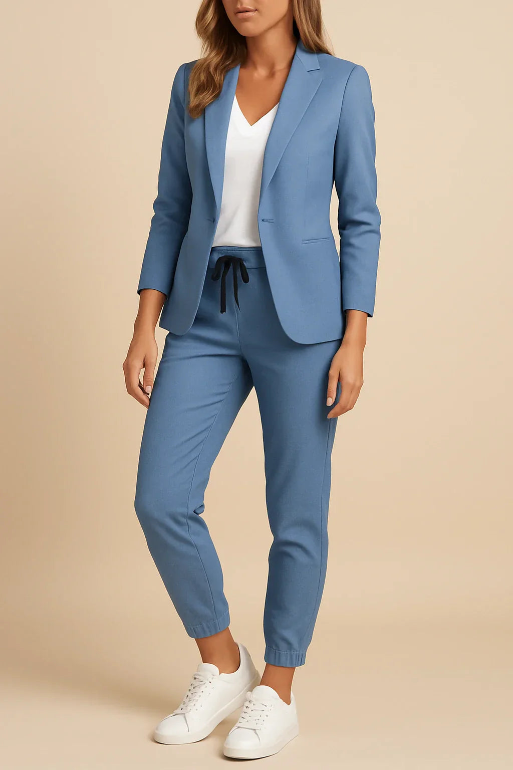 Elegant women's tailored navy business suit, two-piece blazer and pants set for professional wear.