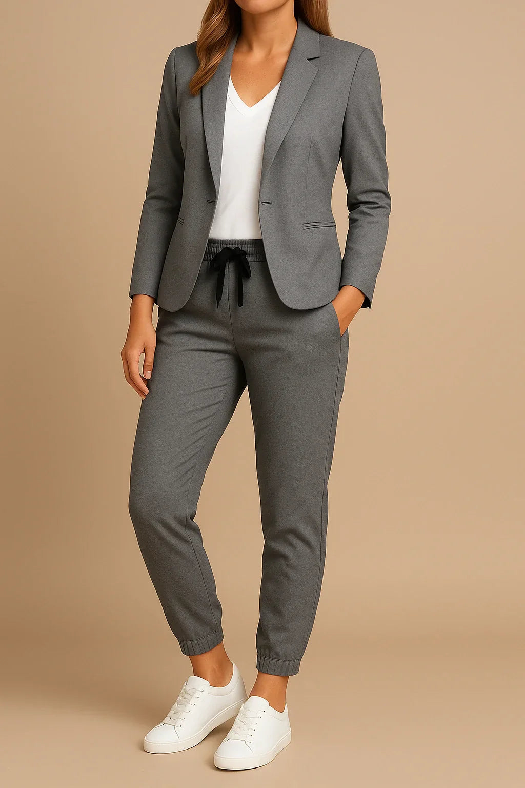 Dapper women's navy double-breasted suit, tailored two-piece set for ultimate elegance.