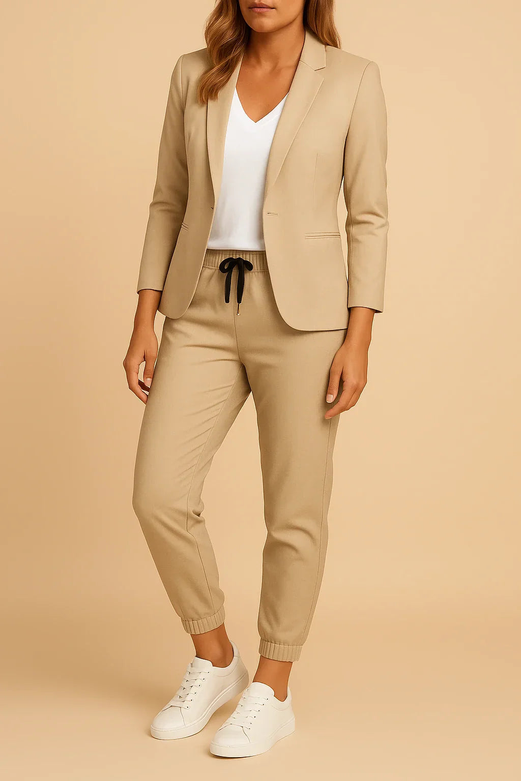 Trendy women's tailored light grey suit, two-piece blazer and pants set for spring business.