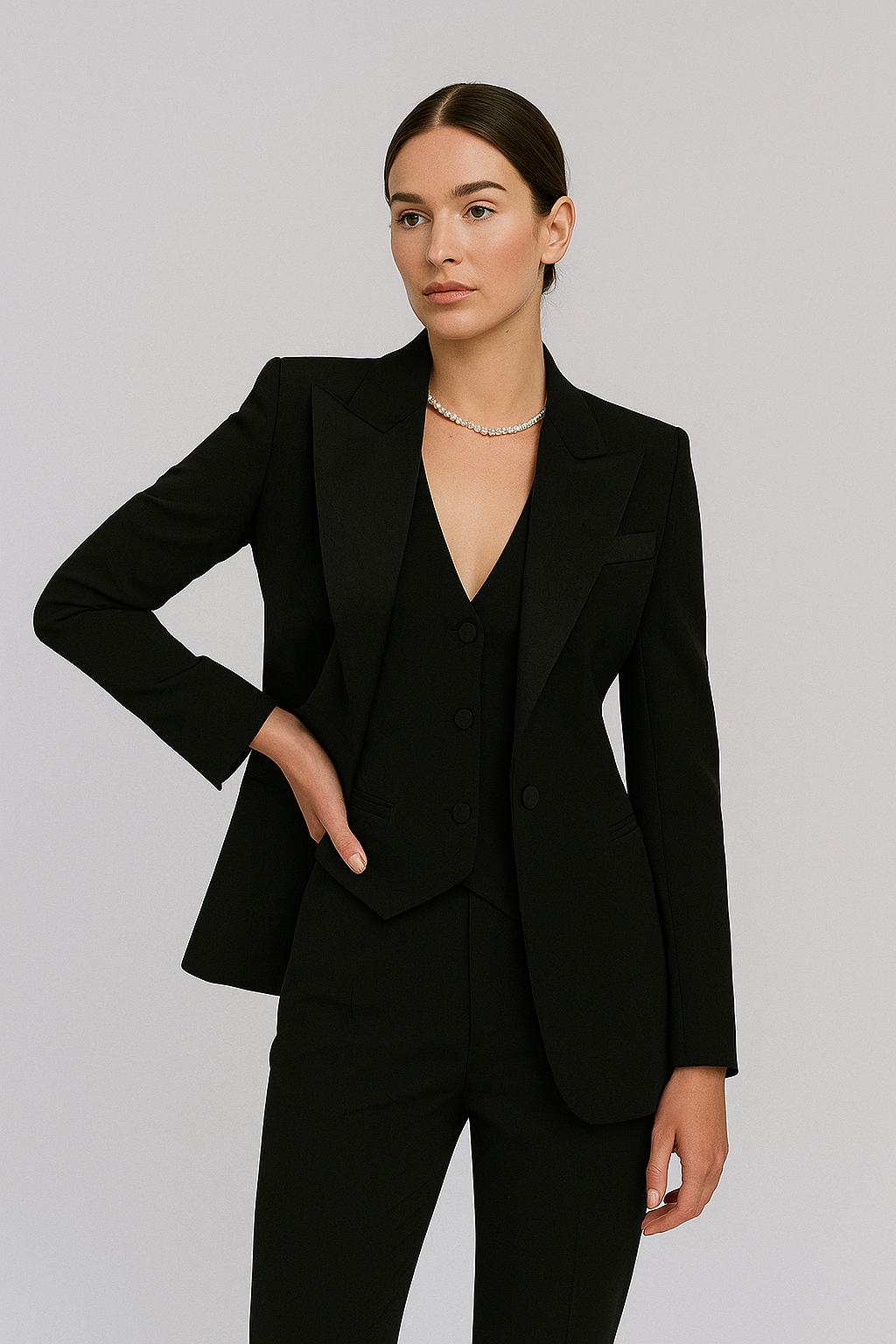 Professional women's summer suit: tailored blazer, vest, and trousers, perfect formal wear