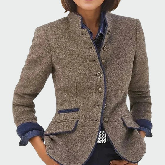 Elegant women's tailored tweed blazer with mandarin collar, ideal for formal workwear fashion.