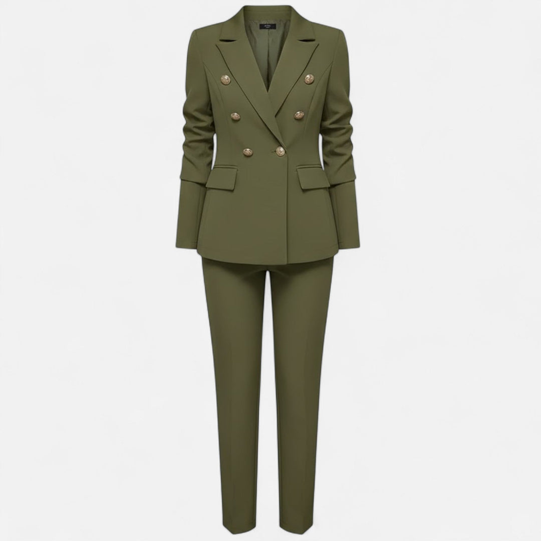 Elegant women's tailored two-piece suit set in a solid color, perfect for office or formal events.