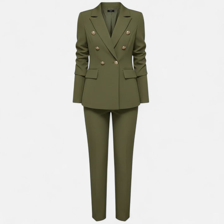 Elegant women's tailored two-piece suit set in a solid color, perfect for office or formal events.