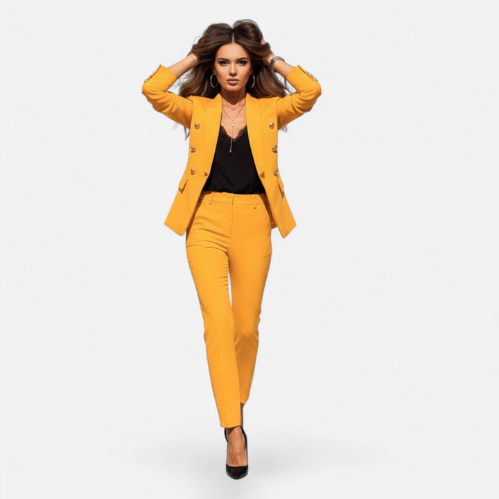 Classic women's tailored suit, a stylish solid color two-piece for formal or office occasions.