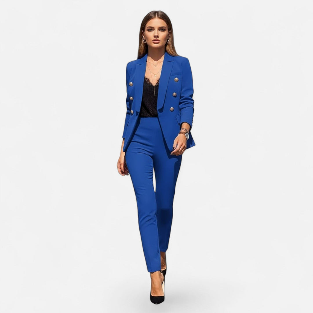 Professional women's two-piece suit with a tailored fit, perfect for business meetings.