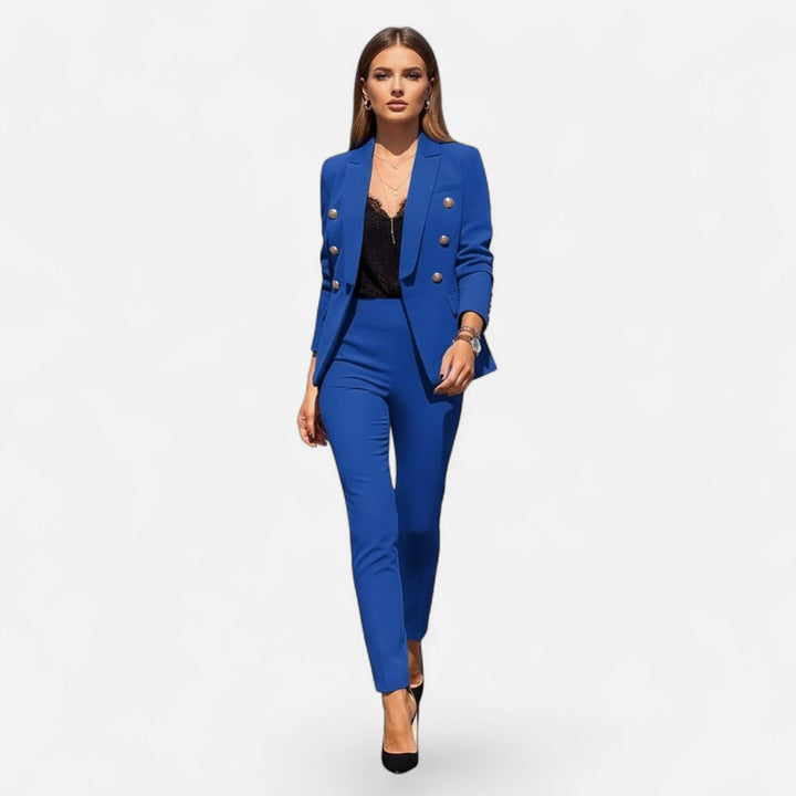 Professional women's two-piece suit with a tailored fit, perfect for business meetings.