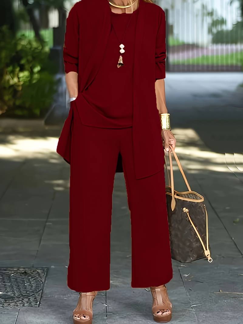 Elegant women's three-piece pantsuit set in polyester blend, perfect for formal wear or casual chic.
