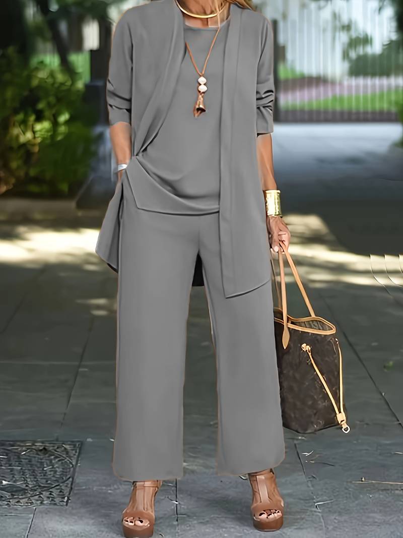 New women's long sleeve round neck pantsuit set, a versatile and elegant three-piece apparel.