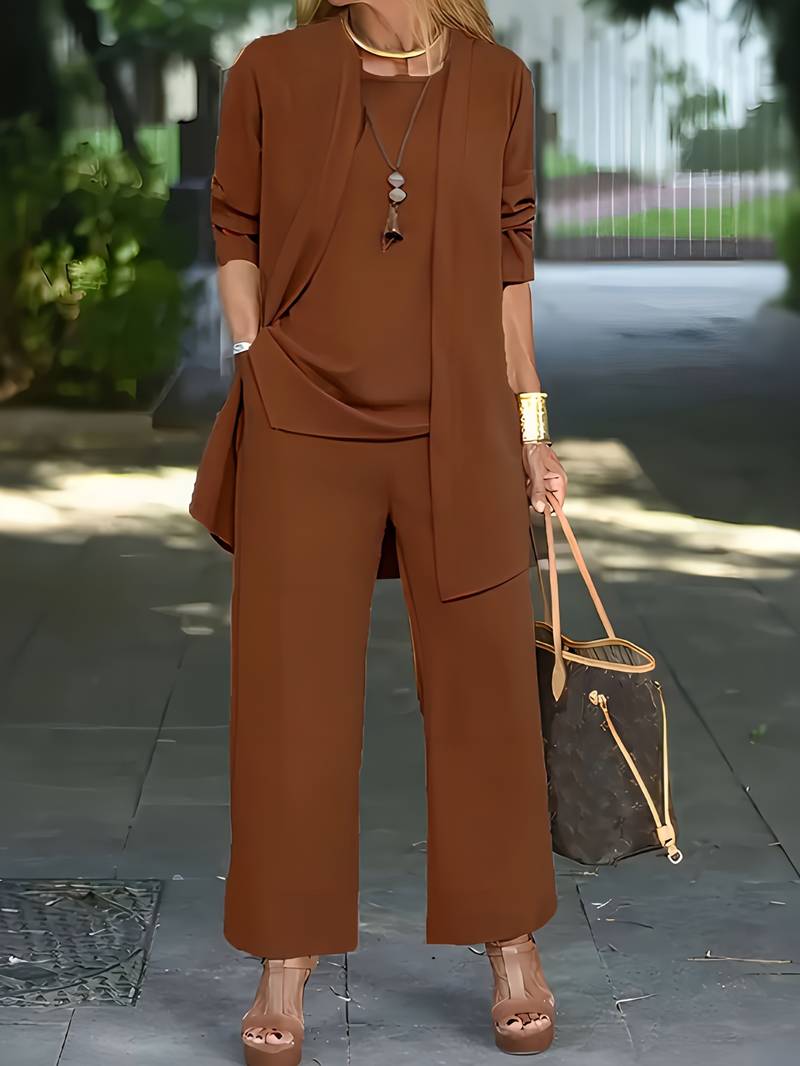 Versatile women's apparel: long sleeve round neck three-piece pantsuit, ideal for formal or casual.