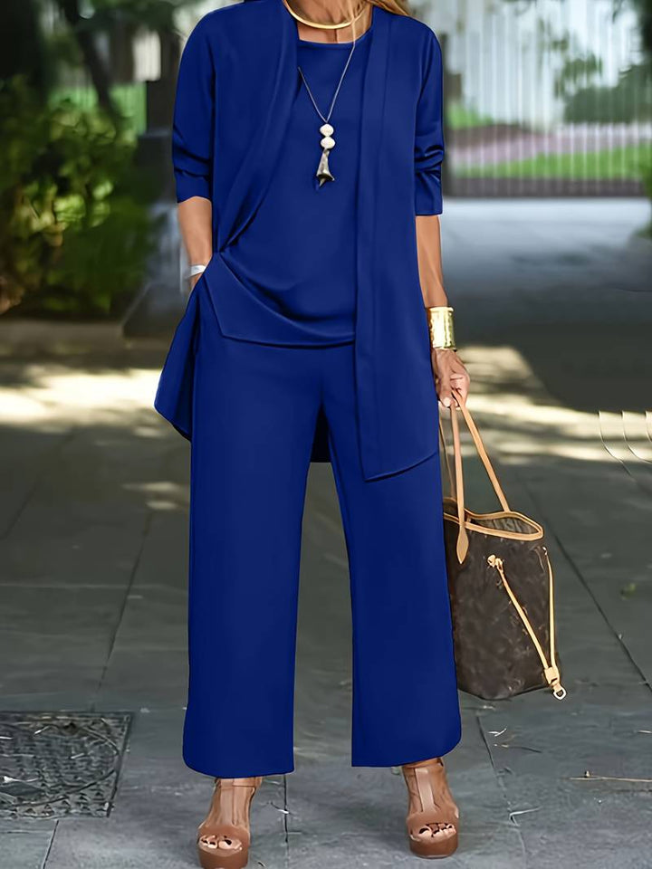 Stylish women's three-piece pantsuit set; elegant and new, made from a premium polyester blend.