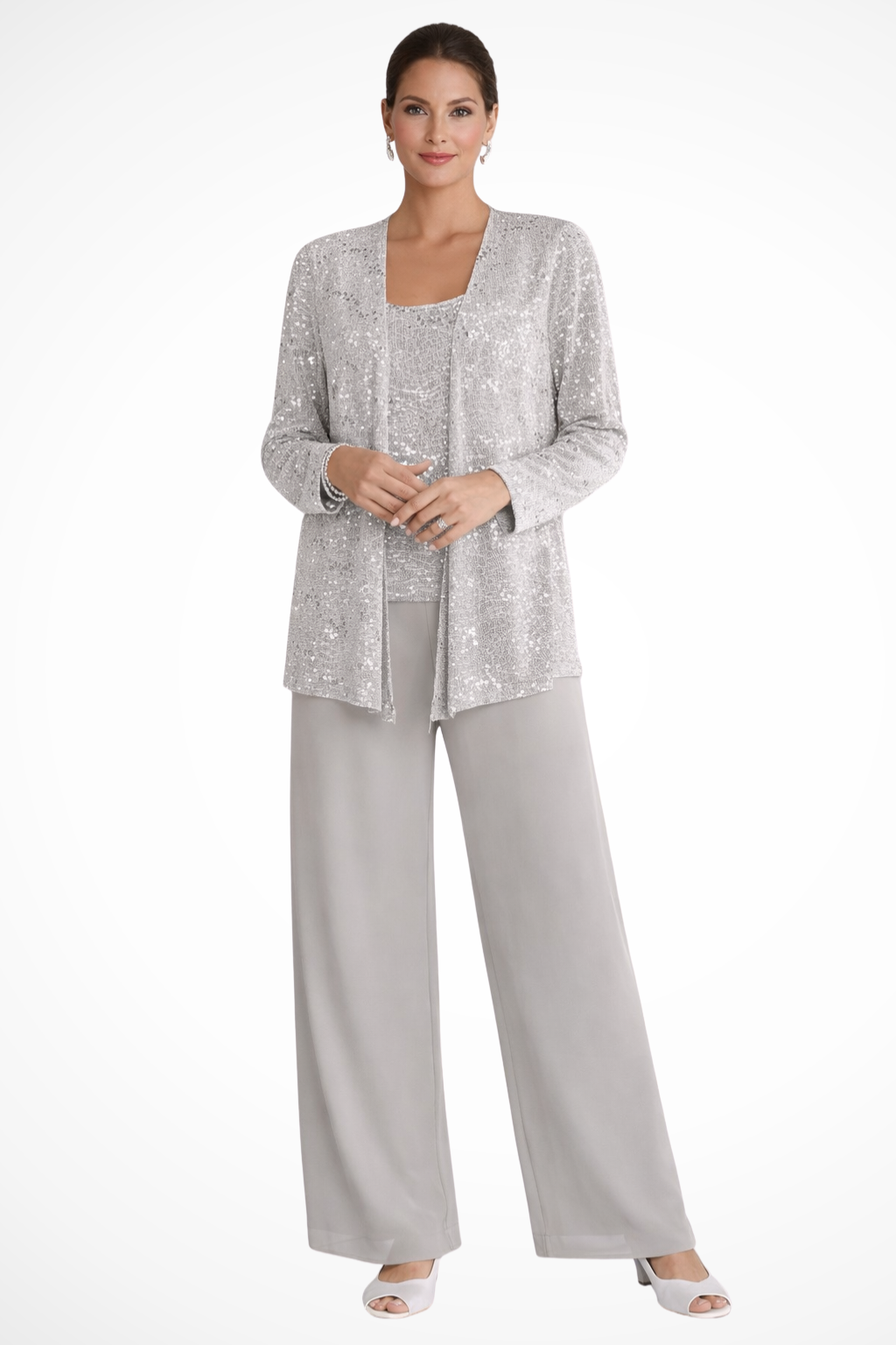 Elegant women's three-piece sequin suit with lace wide-leg trousers, perfect for wedding guests.