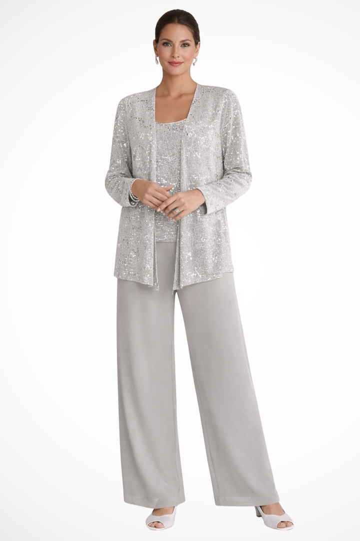 Elegant women's three-piece sequin suit with lace wide-leg trousers, perfect for wedding guests.