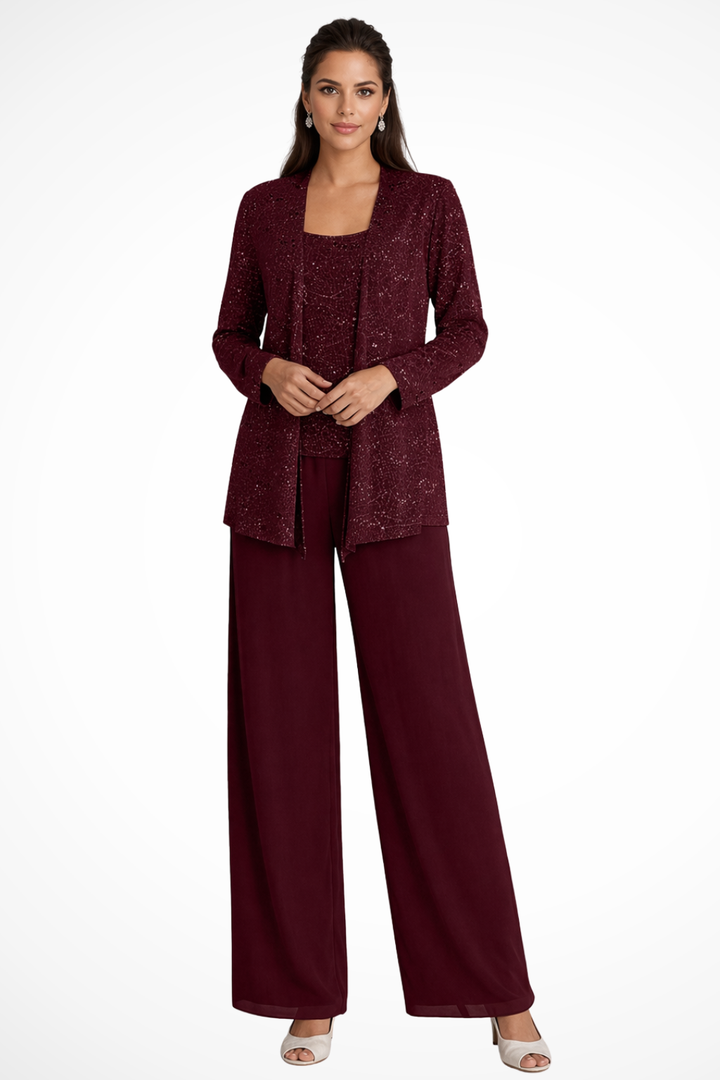 Versatile women's formal three-piece suit: sequin jacket & lace trousers for weddings, parties, evening wear.