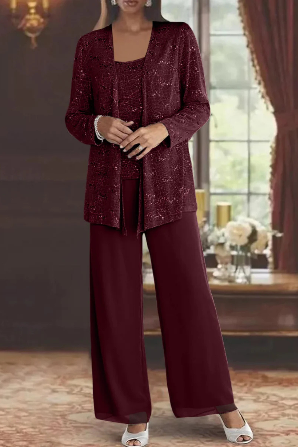 Modern women's three-piece trouser suit featuring a sequin jacket and elegant lace wide-leg pants.
