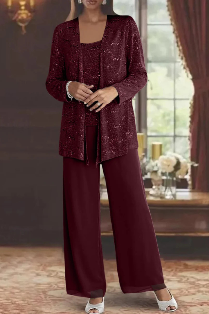 Modern women's three-piece trouser suit featuring a sequin jacket and elegant lace wide-leg pants.