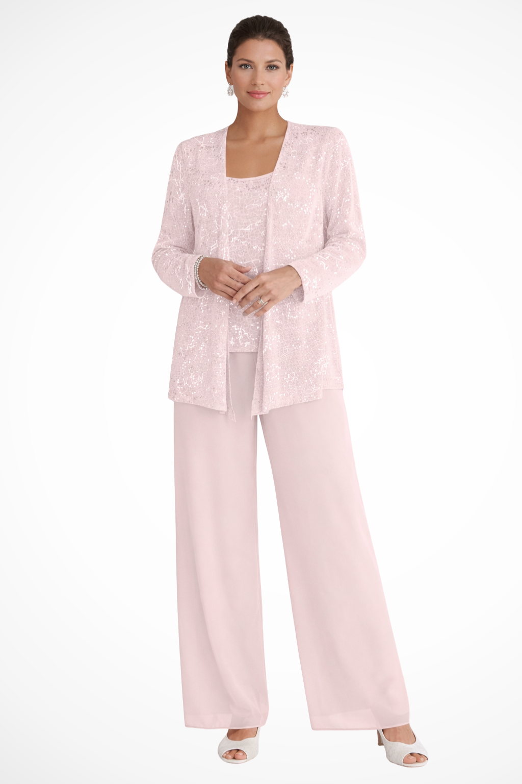 Women's three-piece sequin jacket and lace wide-leg trouser suit for formal wedding guest attire.