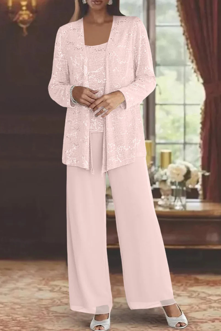 Chic three-piece women's suit with sequin jacket and elegant lace wide-leg trousers, for special occasions.