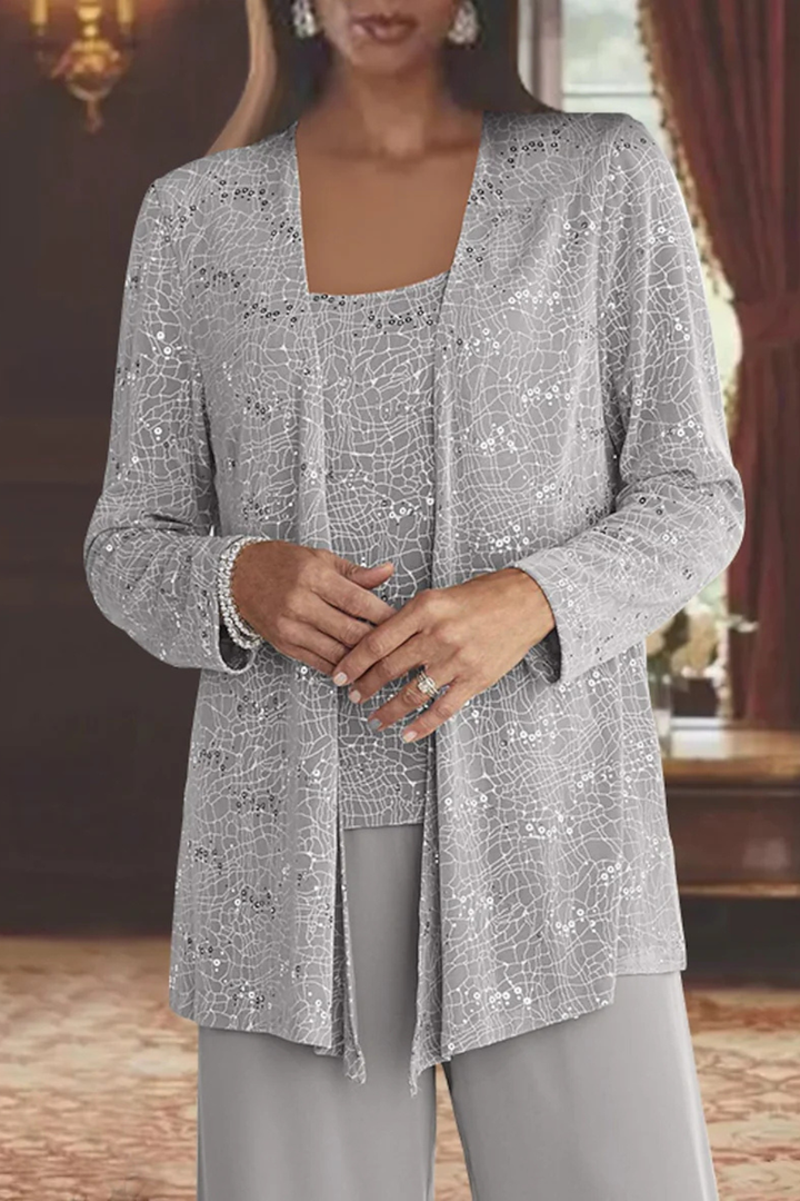 Stylish wide-leg lace trousers, component of a women's three-piece suit for formal wedding events.