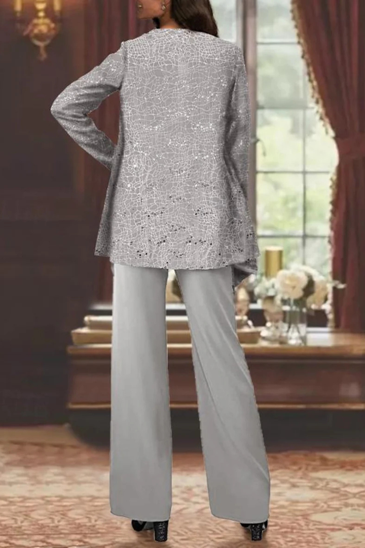 Sophisticated Mother of the Bride three-piece sequin and lace trouser suit for elegant wedding wear.