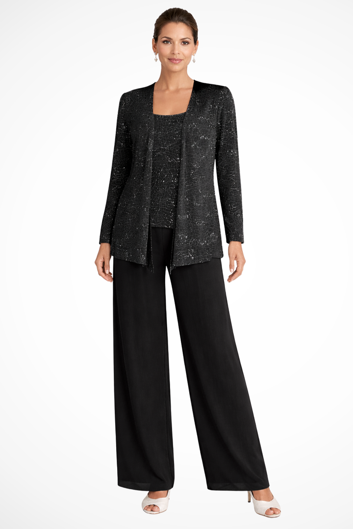 Formal women's three-piece suit: sequin jacket, lace wide-leg trousers. Ideal for evening events & parties.