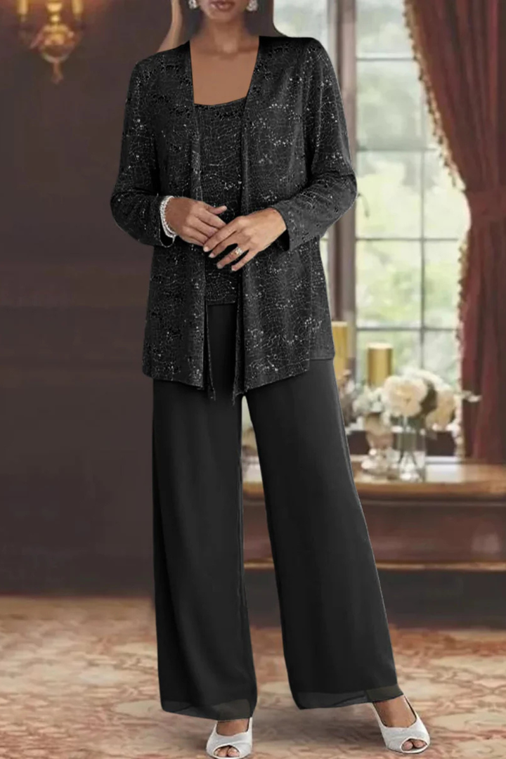 Coordinated elegant three-piece suit with sequin jacket & lace trousers for women attending weddings.