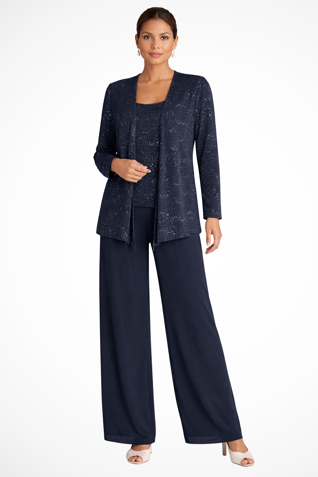 Dressy women's three-piece sequin jacket & wide-leg lace trouser suit, perfect for party guests.