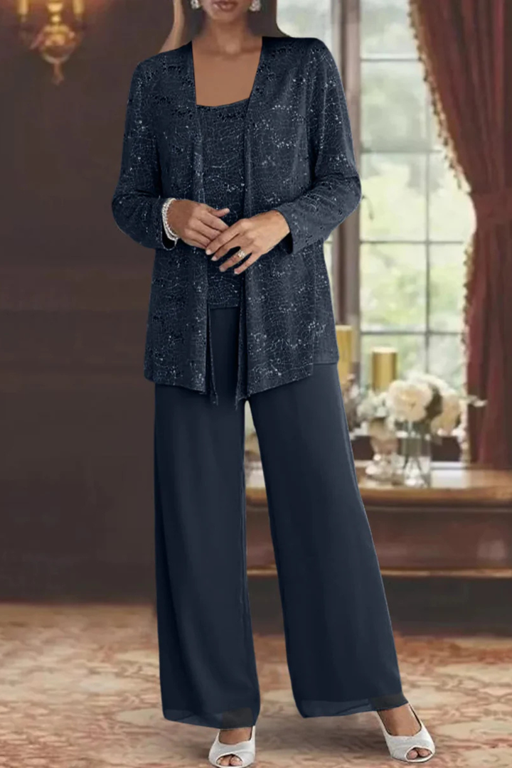 Elegant women's ensemble: sequin jacket, lace wide-leg trousers. A chic three-piece suit for special occasions.