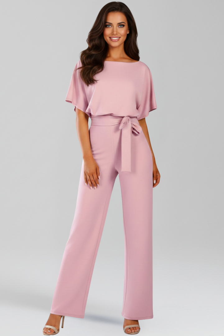 Contemporary women's chic jumpsuit, designed with a wide-leg and smart tie-belt