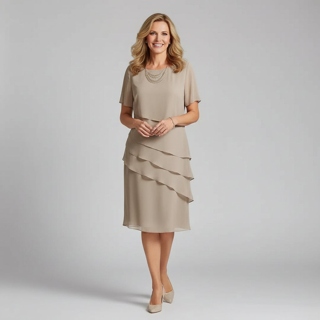 Elegant women's tiered midi dress, perfect for wedding guests or special occasions. Features a stylish layered design.