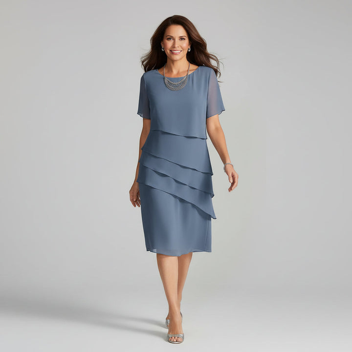 Comfortable women's tiered midi dress with elegant layered design, ideal for summer parties & formal events.