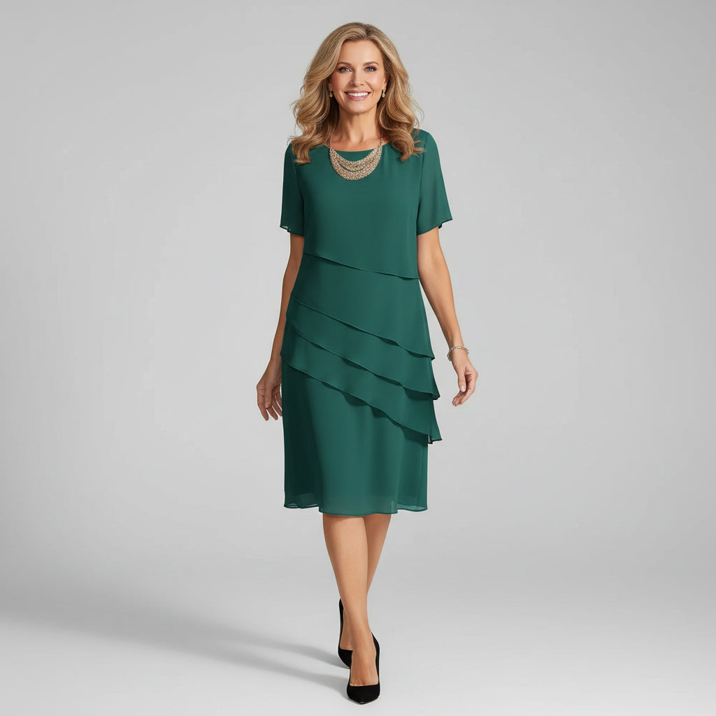 Chic tiered midi dress for women, a versatile layered occasion wear choice for parties, weddings & formal events.