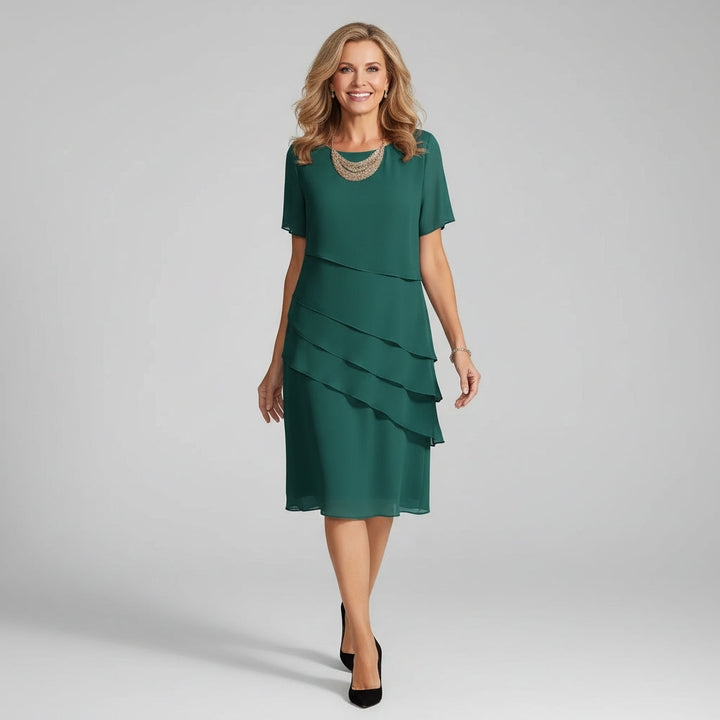 Chic tiered midi dress for women, a versatile layered occasion wear choice for parties, weddings & formal events.