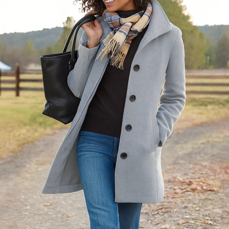 Elegant women's Timeless Button-Up Long Coat, classic style outerwear for autumn fashion