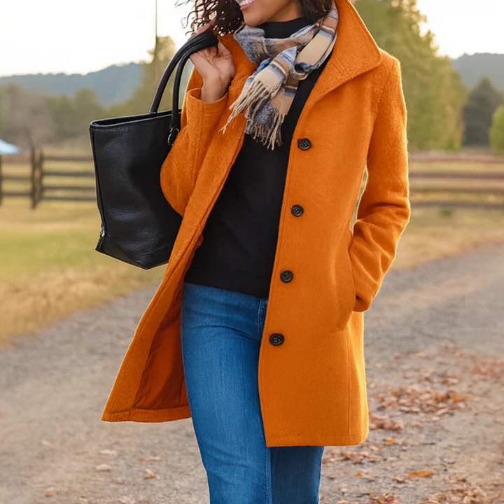 Women's classic Timeless Button-Up Long Coat, a staple elegant outerwear piece for cold weather