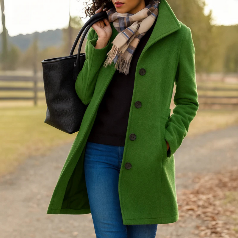 Chic women's long coat with button-up closure, a timeless outerwear piece for any wardrobe