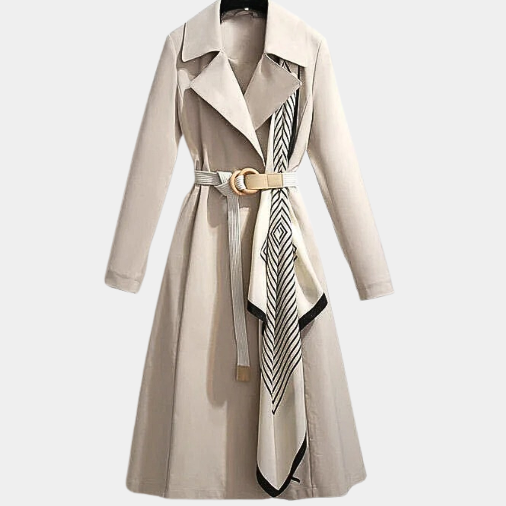 Women's elegant trench coat featuring a versatile tie belt for a classic, sophisticated look. Great fall outerwear.