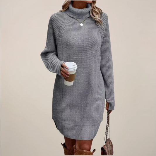 Elegant women's turtleneck sweater midi dress, long sleeve knit, perfect for winter fashion