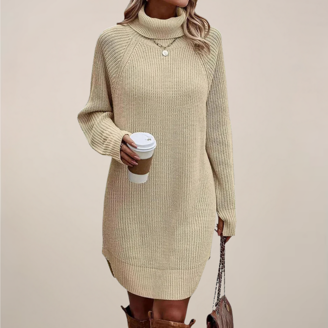 Warm knit midi dress for women, featuring a stylish turtleneck and long sleeves, casual yet chic