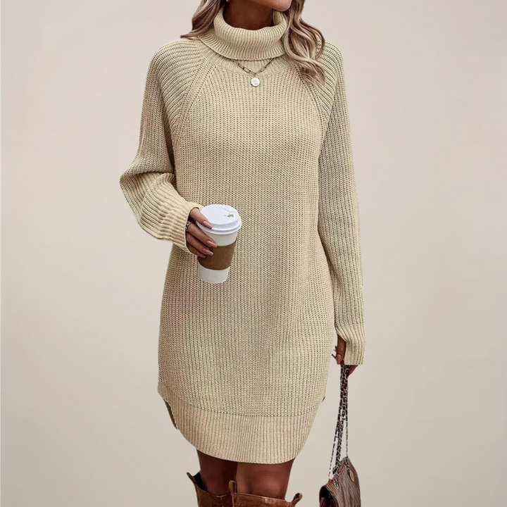 Warm knit midi dress for women, featuring a stylish turtleneck and long sleeves, casual yet chic