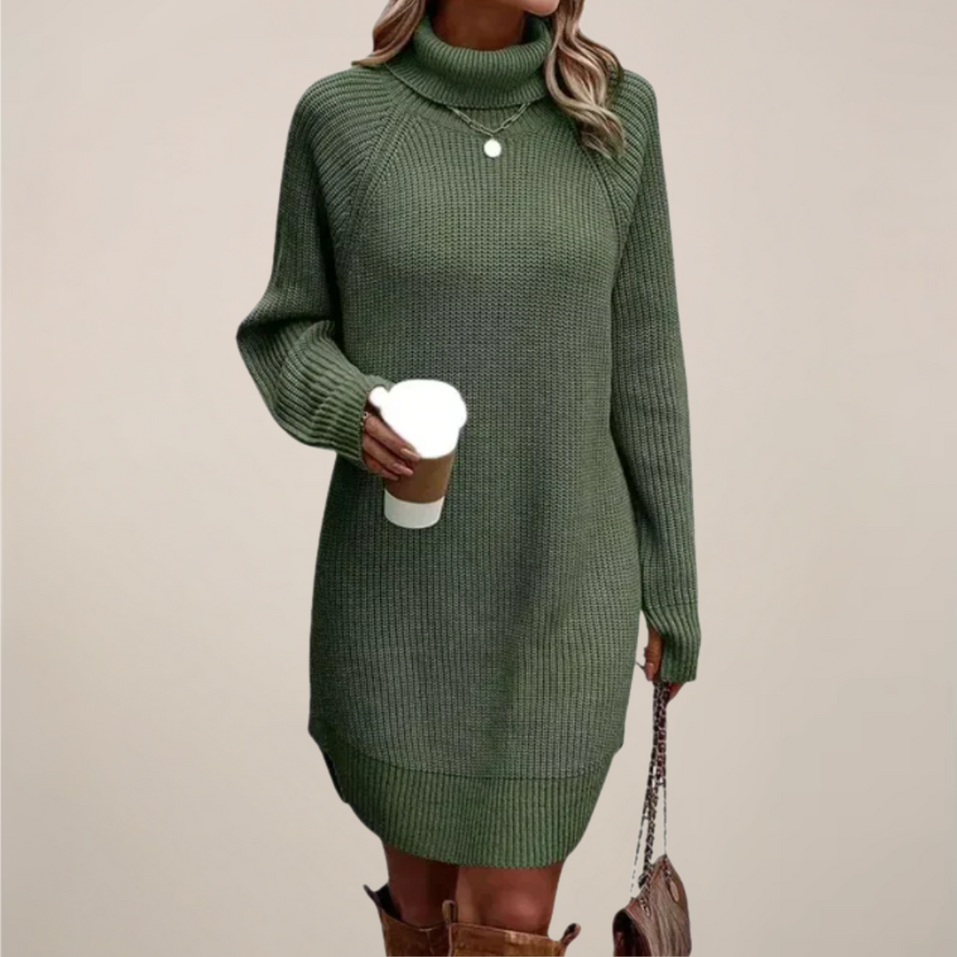 Sophisticated women's knit midi dress with a high turtleneck, ideal for elegant casual wear