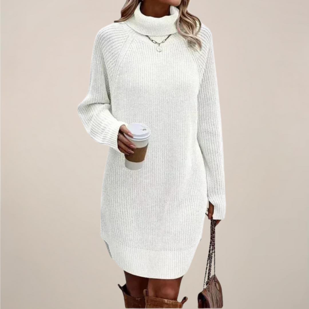 Comfortable women's turtleneck long sleeve midi sweater dress, a versatile winter fashion piece
