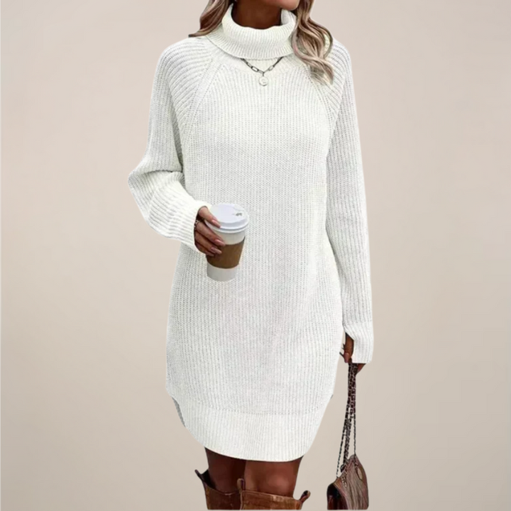 Comfortable women's turtleneck long sleeve midi sweater dress, a versatile winter fashion piece