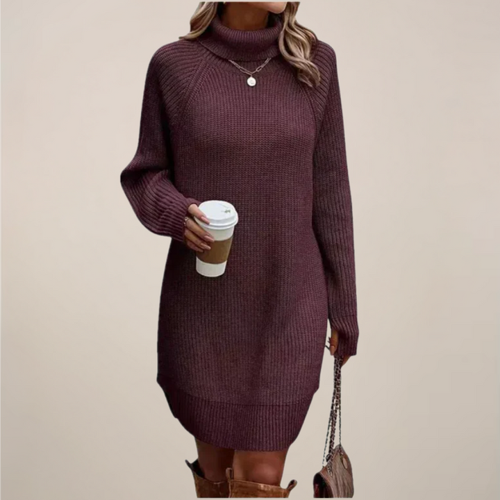 Fashionable women's knit turtleneck midi dress, long sleeve design for warmth and style