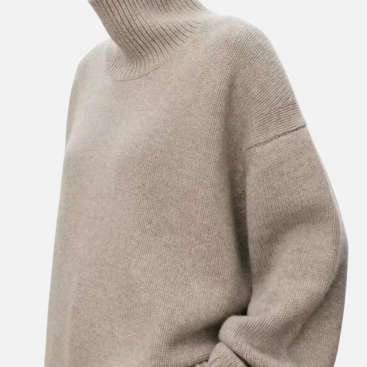 Brown women's turtleneck sweater. Classic long sleeve knit top for elegant warmth and winter style.